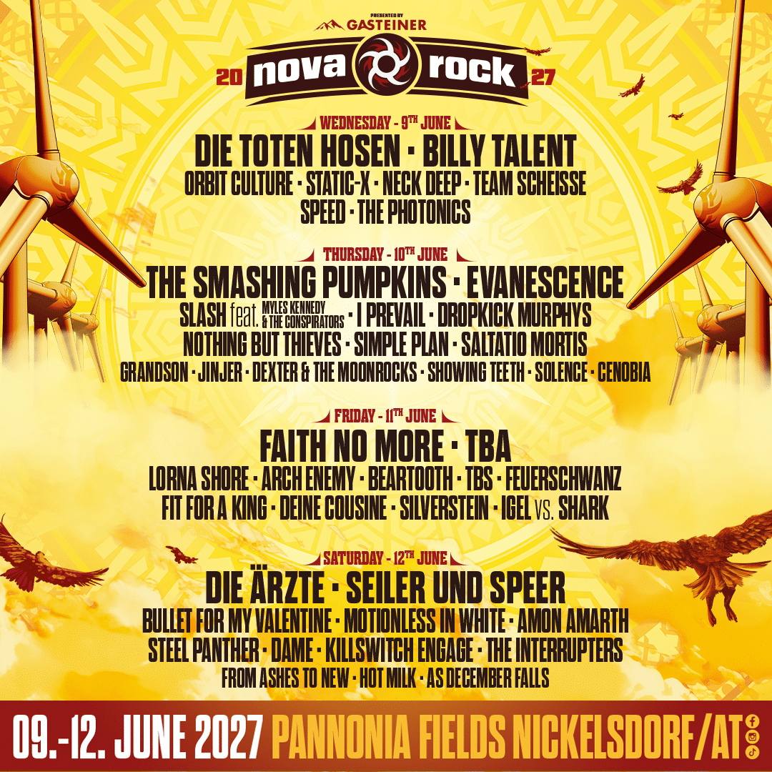 Nova Rock 2027 wird viertägig: Vier Headliner und 44 Acts bestätigt – offizielles Line-up